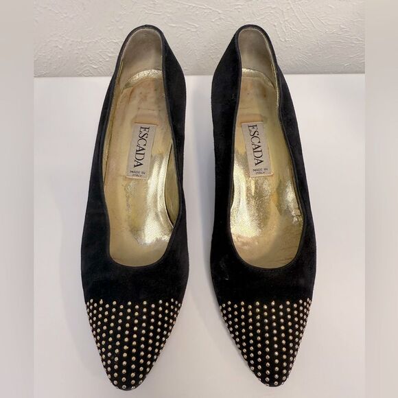 Escada Shoes - Vintage Escada Black Suede Studded Low-Heel Pumps Size 6.5 VGUC